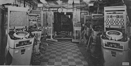 The Naval Research Laboratory’s Electronic Data System in its shore based test site. The command and decision area, with automatic plotting board, is at center, and operator detection and tracking scopes are at the sides. U.S. Navy photo